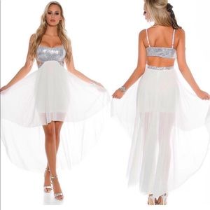 Sequin Maxi Dress White Chiffon Open Back Size M